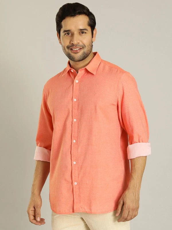 Indian Terrain Men's Slim Fit Full Sleeve Solid Orange Shirt